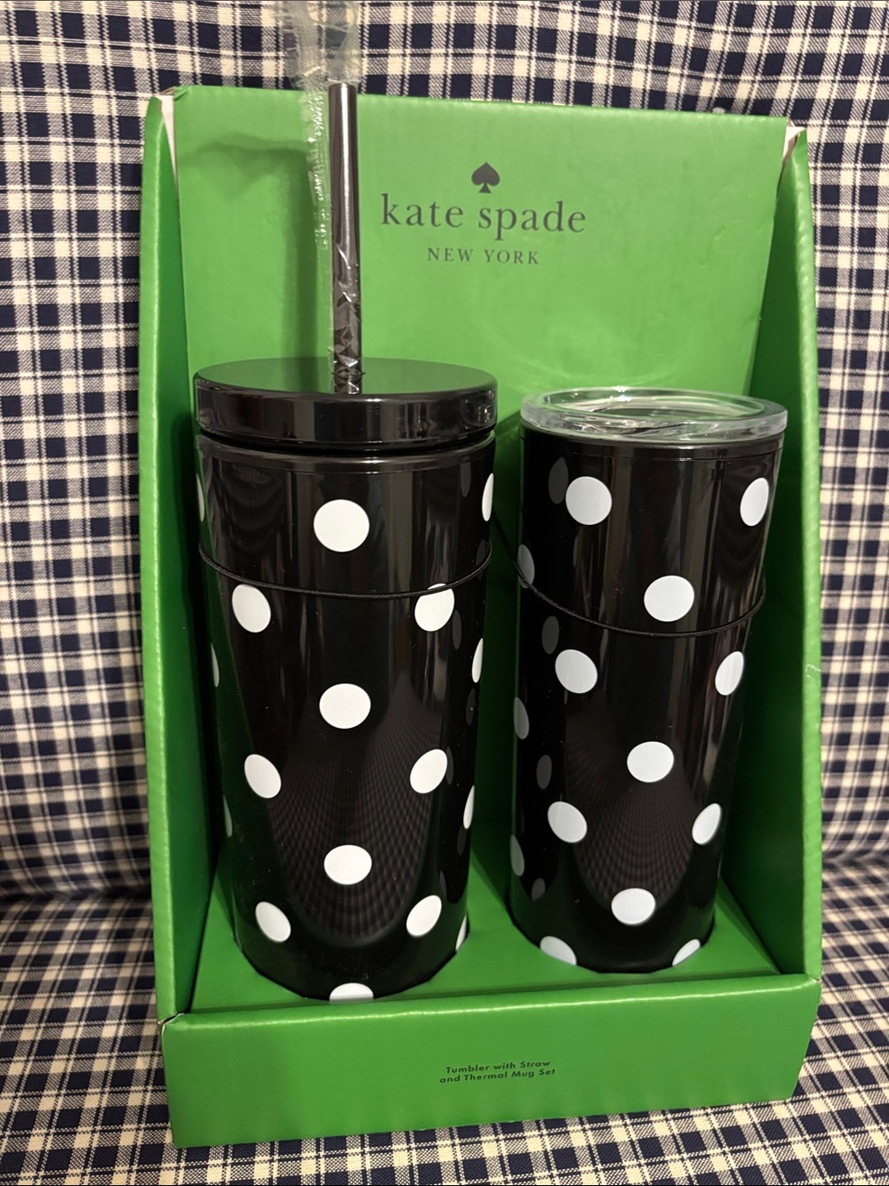 Kate Spade New York Black & White Polka Dot Tumbler with Straw & Thermal Mug Gif